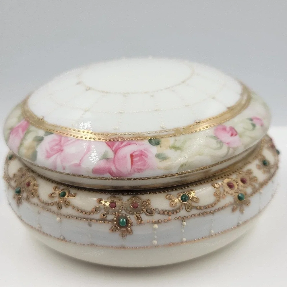 Vintage Hand‎ Painted Nippon Floral Trinket Box with Lid Gold Trim